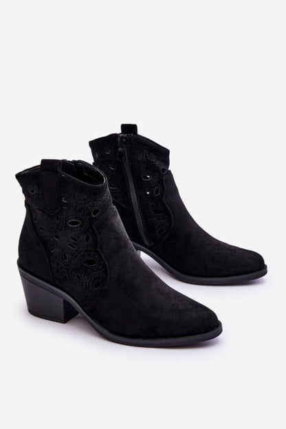 Women's Suede Openwork Cowboy Boots Black Daxon-2