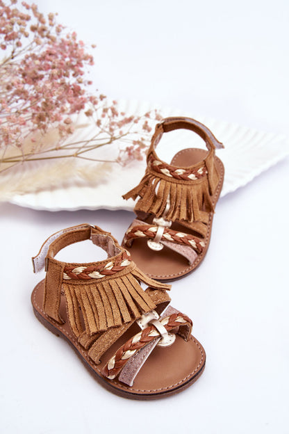 Children's Velcro Sandals With Tassels Brown Missy-2