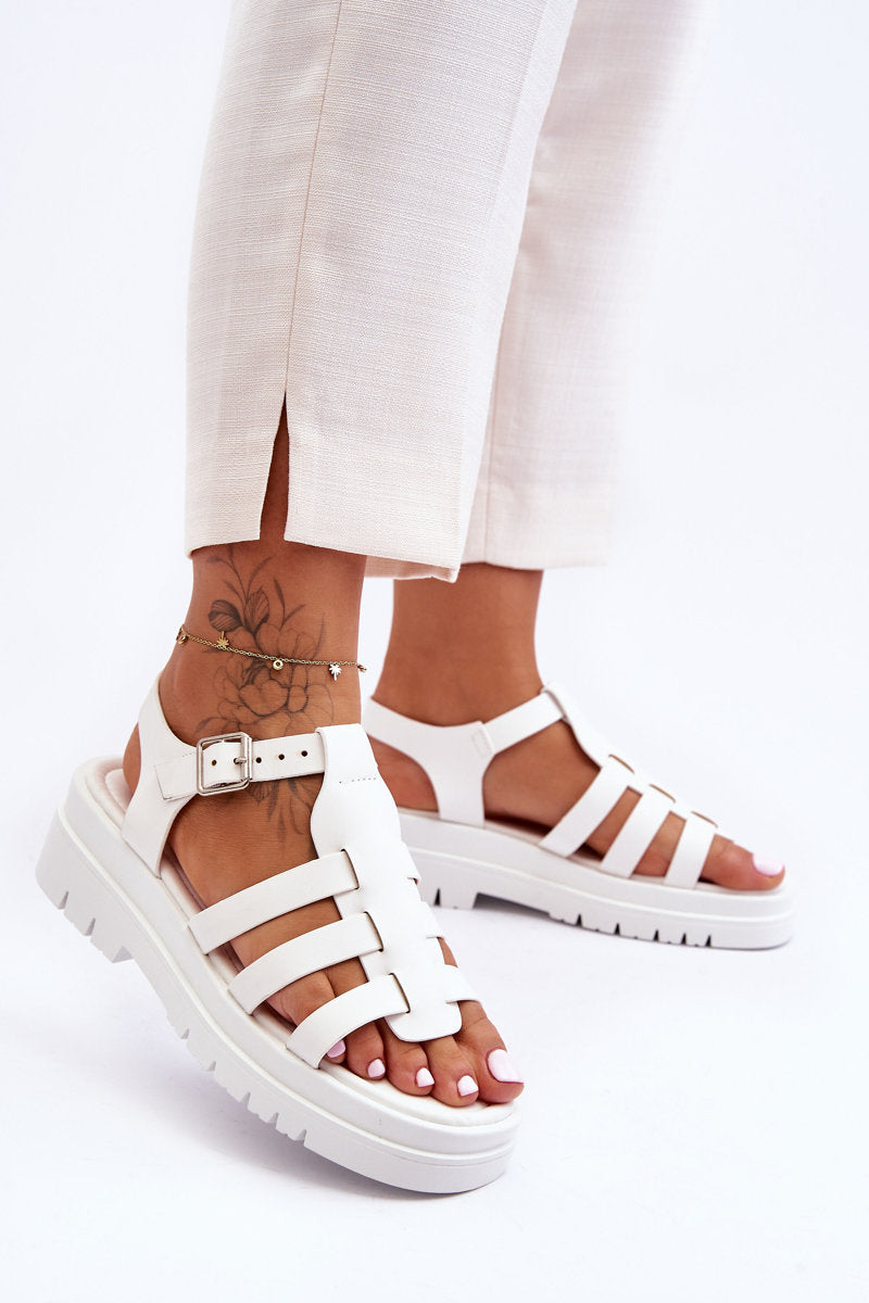 Leather Flat Sandals with Straps White Diosa-0