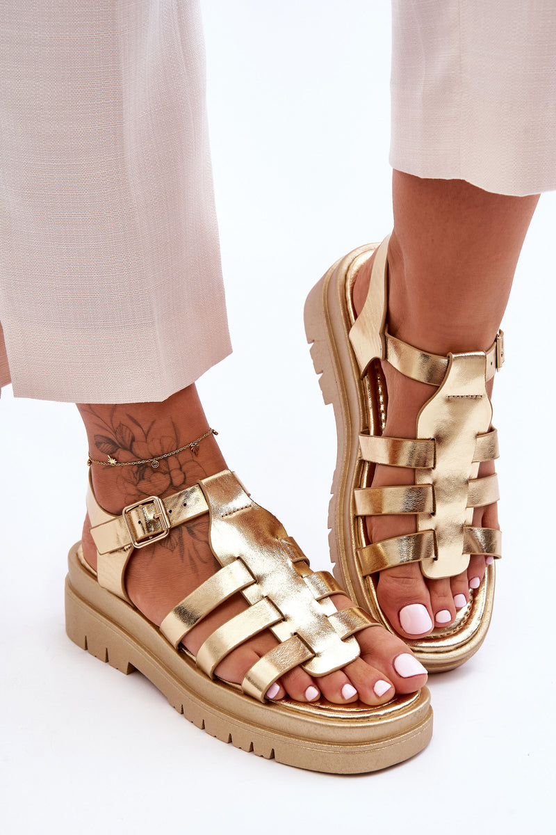 Leather Flat Sandals with Straps gold Diosa-3